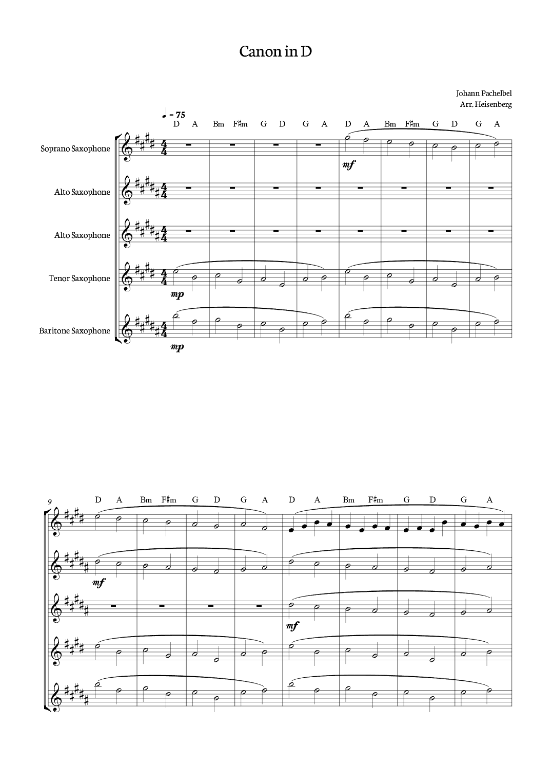 Canon in D - Pachelbel for Sax Quintet with chords. (arr. Heisenberg)