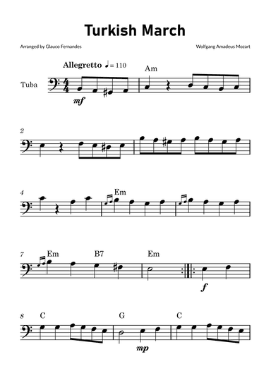 Turkish March by Mozart - Tuba Solo with Chord Notations (arr. Glauco Fernandes)