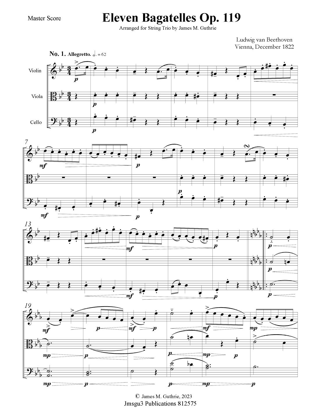 Beethoven: Eleven Bagatelles Op. 119 Complete for String Trio (arr. James M. Guthrie, ASCAP)