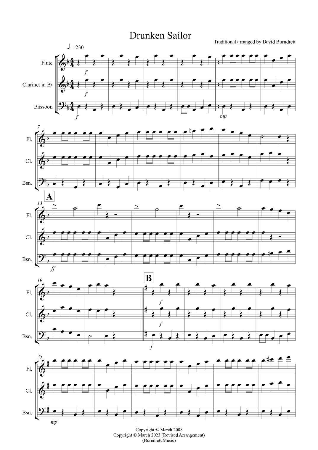 Drunken Sailor for Wind Trio (arr. David Burndrett)