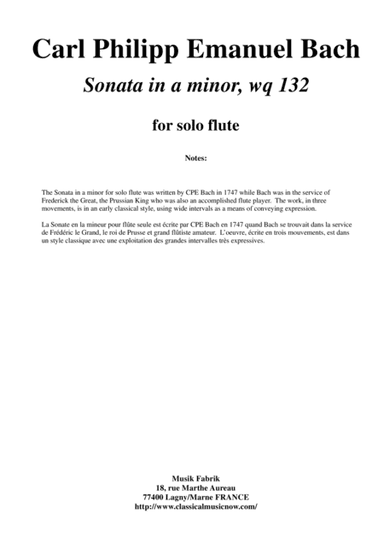 C. P. E. Bach:  Sonata in a minor for solo flute, wq. 132, edited by Paul Wehage (arr. Paul Wehage)
