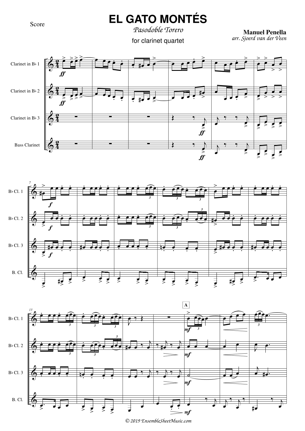 El Gato Montés for clarinet quartet (arr. Sjoerd van der Veen)