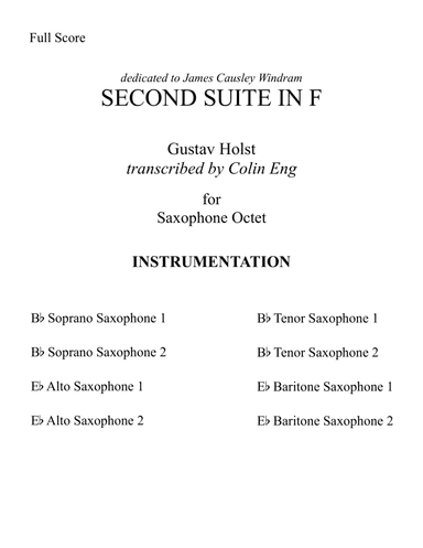 Second Suite in F for Saxophone Octet (arr. Colin Eng)