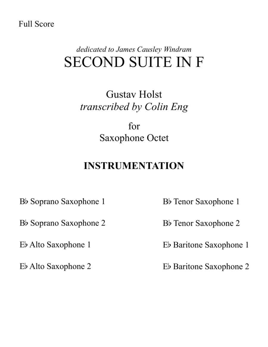 Second Suite in F for Saxophone Octet (arr. Colin Eng)