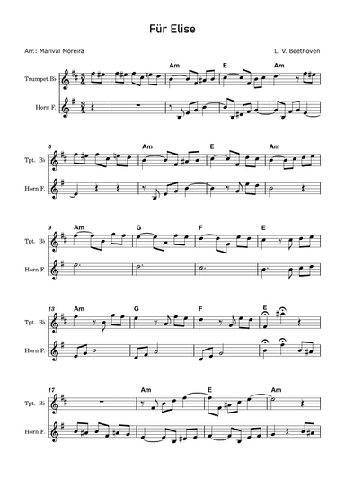 Fur Elise - Beethoven Trumpet and Horn (Score and Chords) (arr. Marival Moreira)
