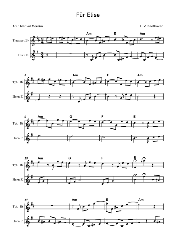 Fur Elise - Beethoven Trumpet and Horn (Score and Chords) (arr. Marival Moreira)