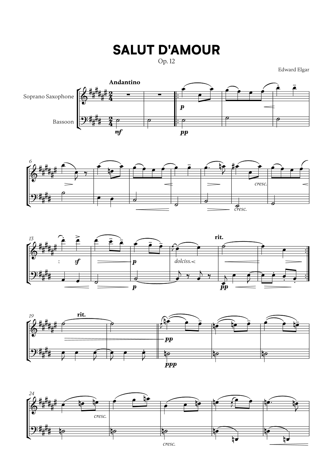 Edward Elgar - Salut d'Amour for Soprano Saxophone and Bassoon (arr. Cadenza Editions)
