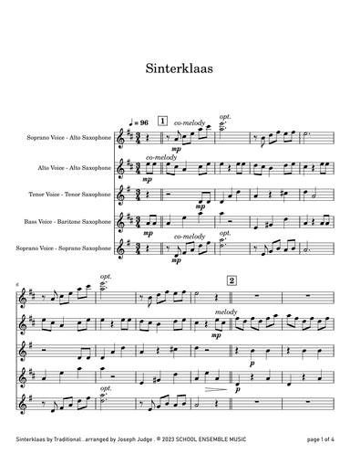 Sinterklaas for Saxophone Quartet in Schools (arr. Joseph Judge)