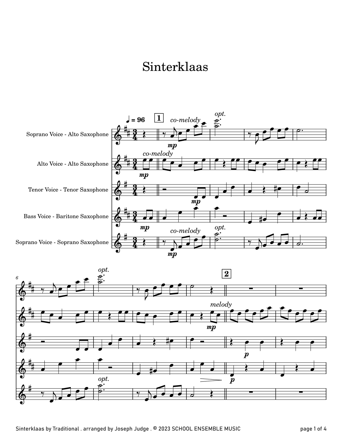 Sinterklaas for Saxophone Quartet in Schools (arr. Joseph Judge)