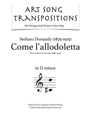 DONAUDY: Come l'allodoletta (transposed to D minor) (arr. ArtSongTranspositions.com)