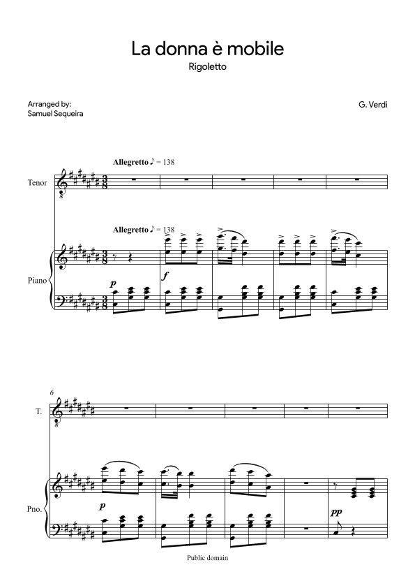 La donna è mobile - for Tenor - in C# (arr. Samuel Sequeira)