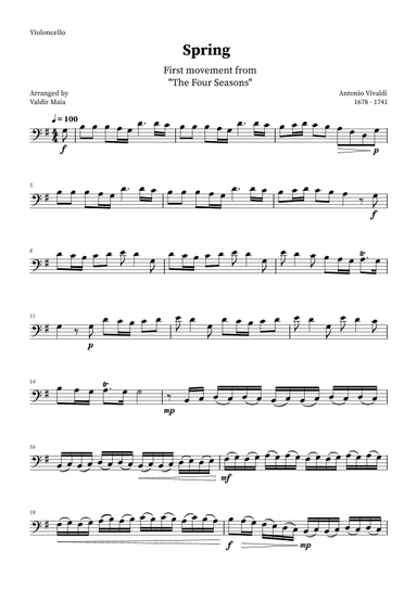Spring - The Four Seasons for Cello Solo (G Major) (arr. Valdir Maia)
