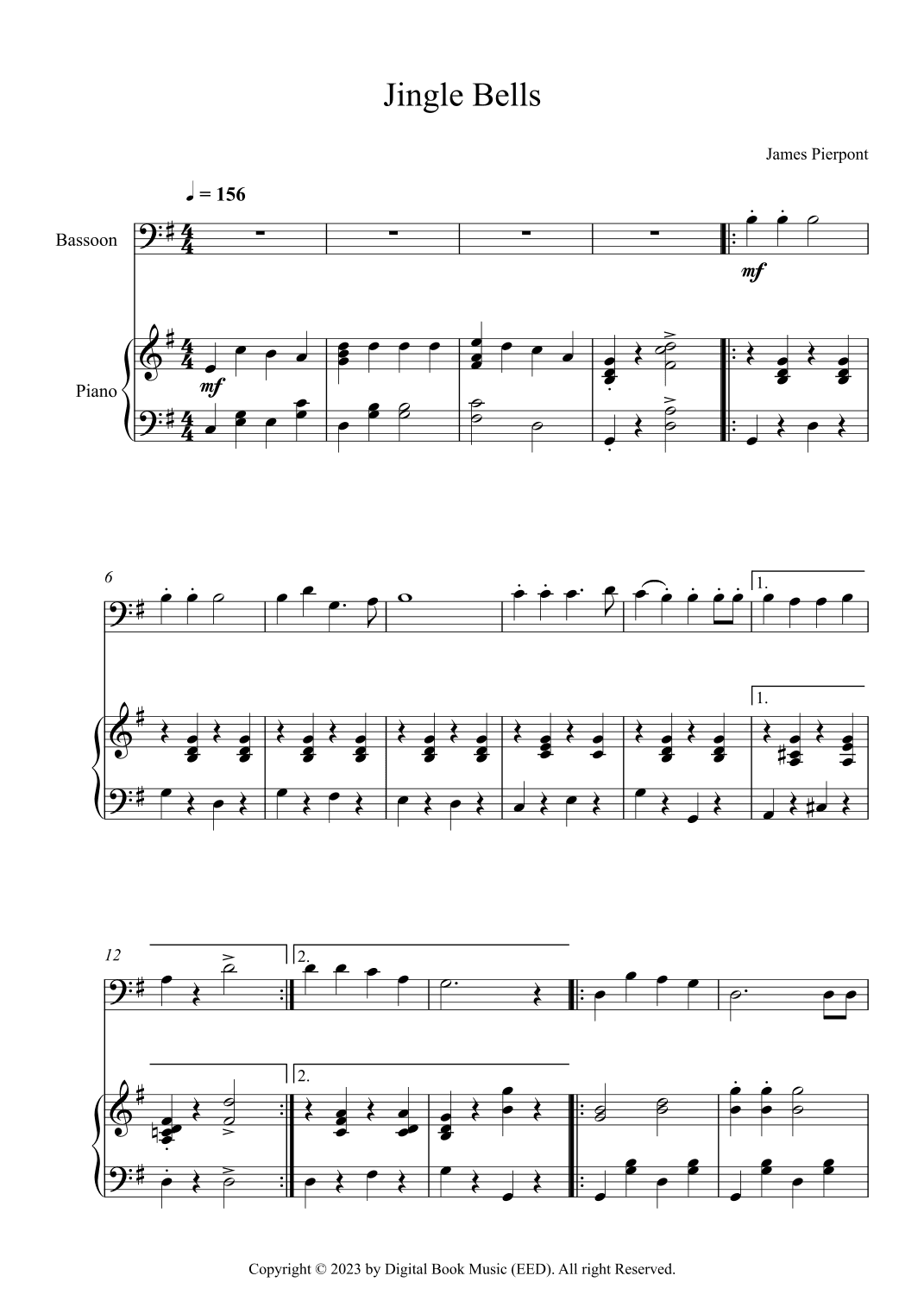 Jingle Bells, James Pierpont (Bassoon + Piano) (arr. Digital Book Music)