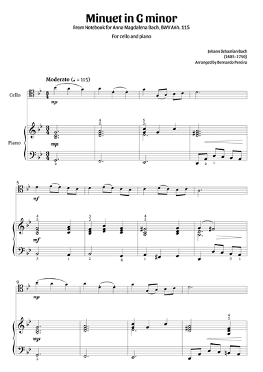 Minuet in G minor (cello and piano – clean with fingering) (arr. Bernardo Pereira)