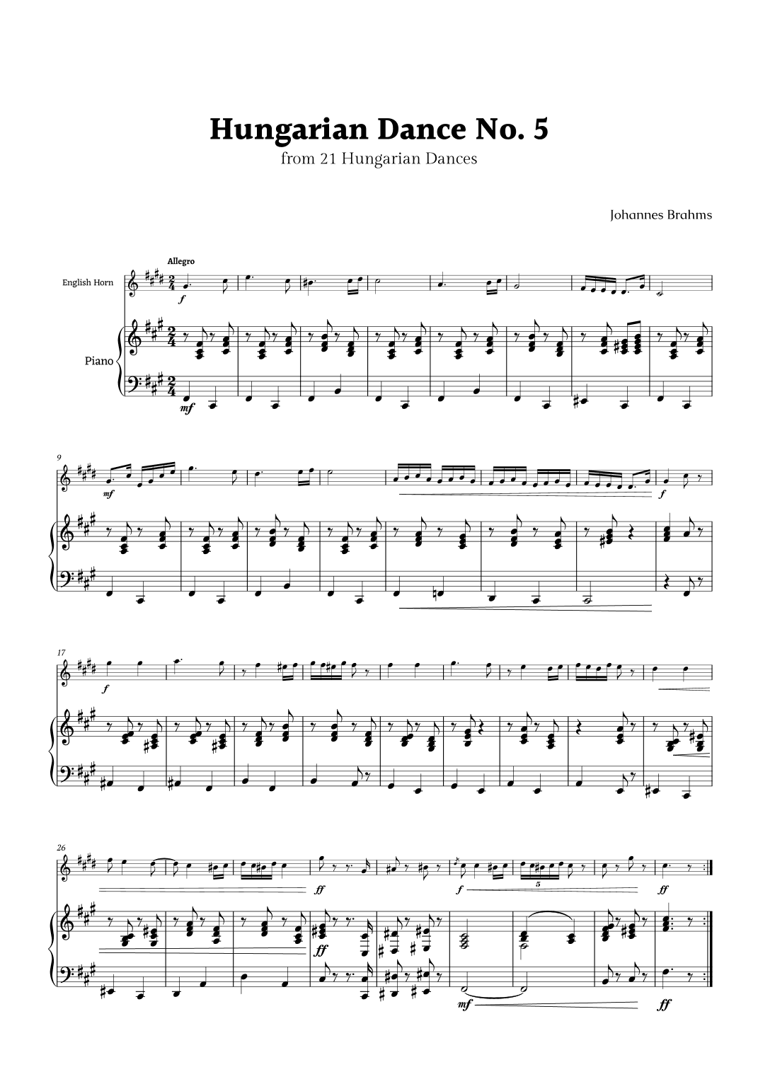 Hungarian Dance No. 5 by Brahms for English Horn and Piano (arr. Rika K.)