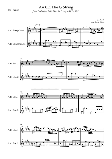 Arrangement of the song Air On The G String (J.S. Bach) for Alto Saxophone Duo (arr. Fabio Britto)