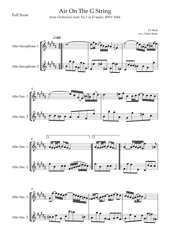 Arrangement of the song Air On The G String (J.S. Bach) for Alto Saxophone Duo (arr. Fabio Britto)