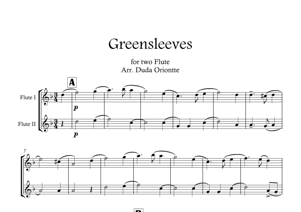 Greensleeves (Green Leeves) FLUTE DUO. (English folk music, broadside) BEGINNER (arr. Duda Oriontte)