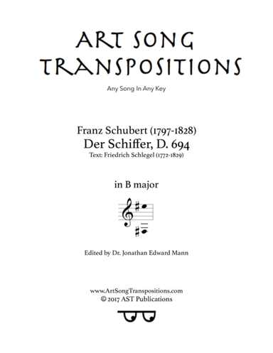 SCHUBERT: Der Schiffer, D. 694 (transposed to B major) (arr. ArtSongTranspositions.com)