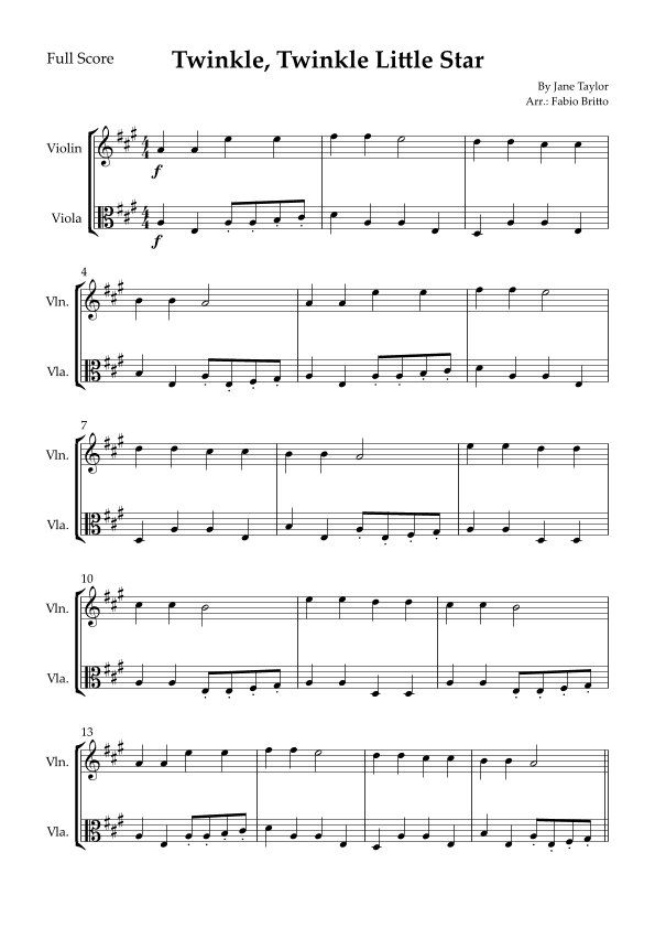 Twinkle, Twinkle Little Star for Violin & Viola Duo (arr. Fabio Britto)