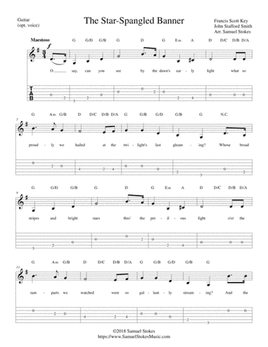 The Star-Spangled Banner - for easy guitar solo with TAB (optional voice) (arr. Samuel Stokes)