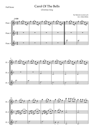 Carol Of The Bells (Christmas Song) for Flute Trio (D Minor) (arr. Fabio Britto)