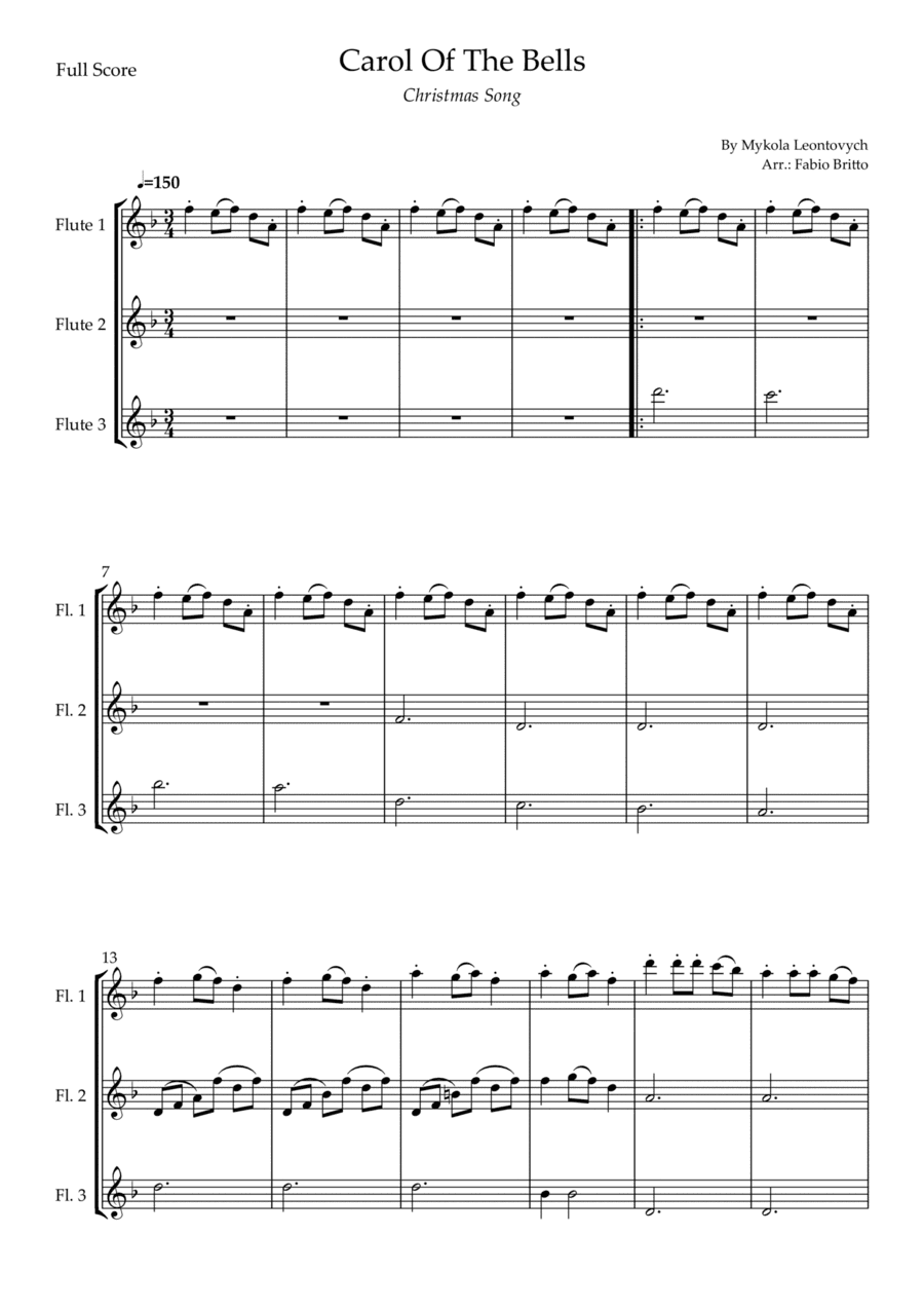 Carol Of The Bells (Christmas Song) for Flute Trio (D Minor) (arr. Fabio Britto)