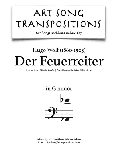WOLF: Der Feuerreiter (transposed to G minor, bass clef) (arr. ArtSongTranspositions.com)