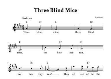 Three Blind Mice - Lead Sheet (E Major - Traditional) (arr. Yuri Noronha)