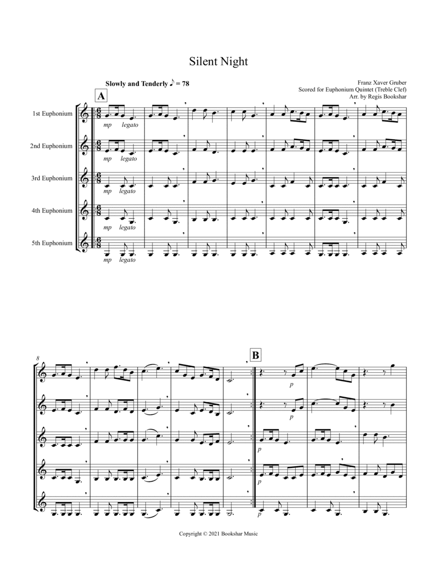 Silent Night (Bb) (Euphonium Quintet - Treble Clef) (arr. Regis Bookshar)