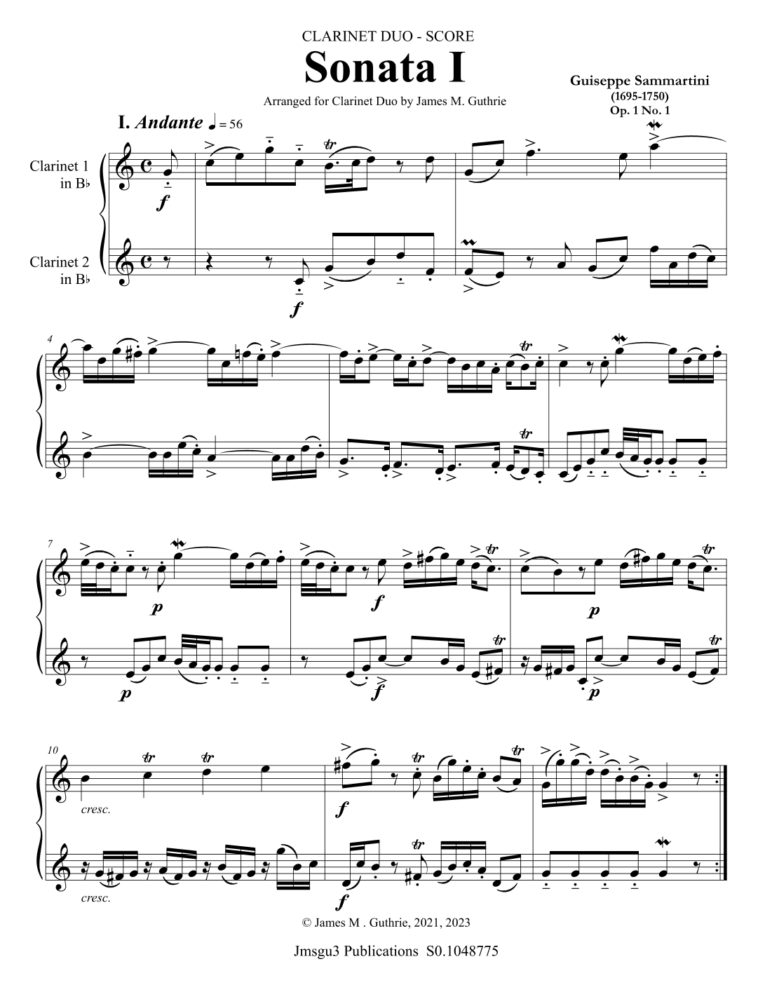 Sammartini: Sonata I Op. 1 No. 1 for Clarinet Duo (arr. James M. Guthrie)