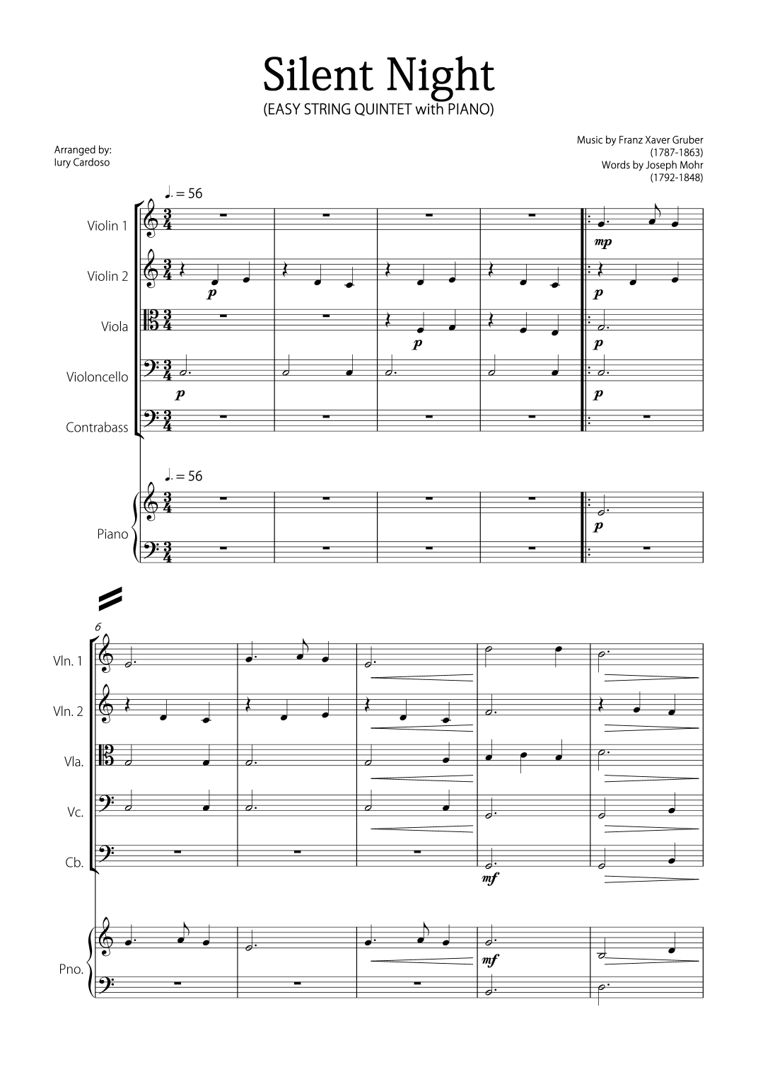 "Silent Night" (Easy String Quintet with piano) (arr. Iury Cardoso)