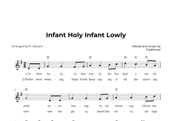 Infant Holy Infant Lowly (Key of G Major) (arr. R. Salvario)