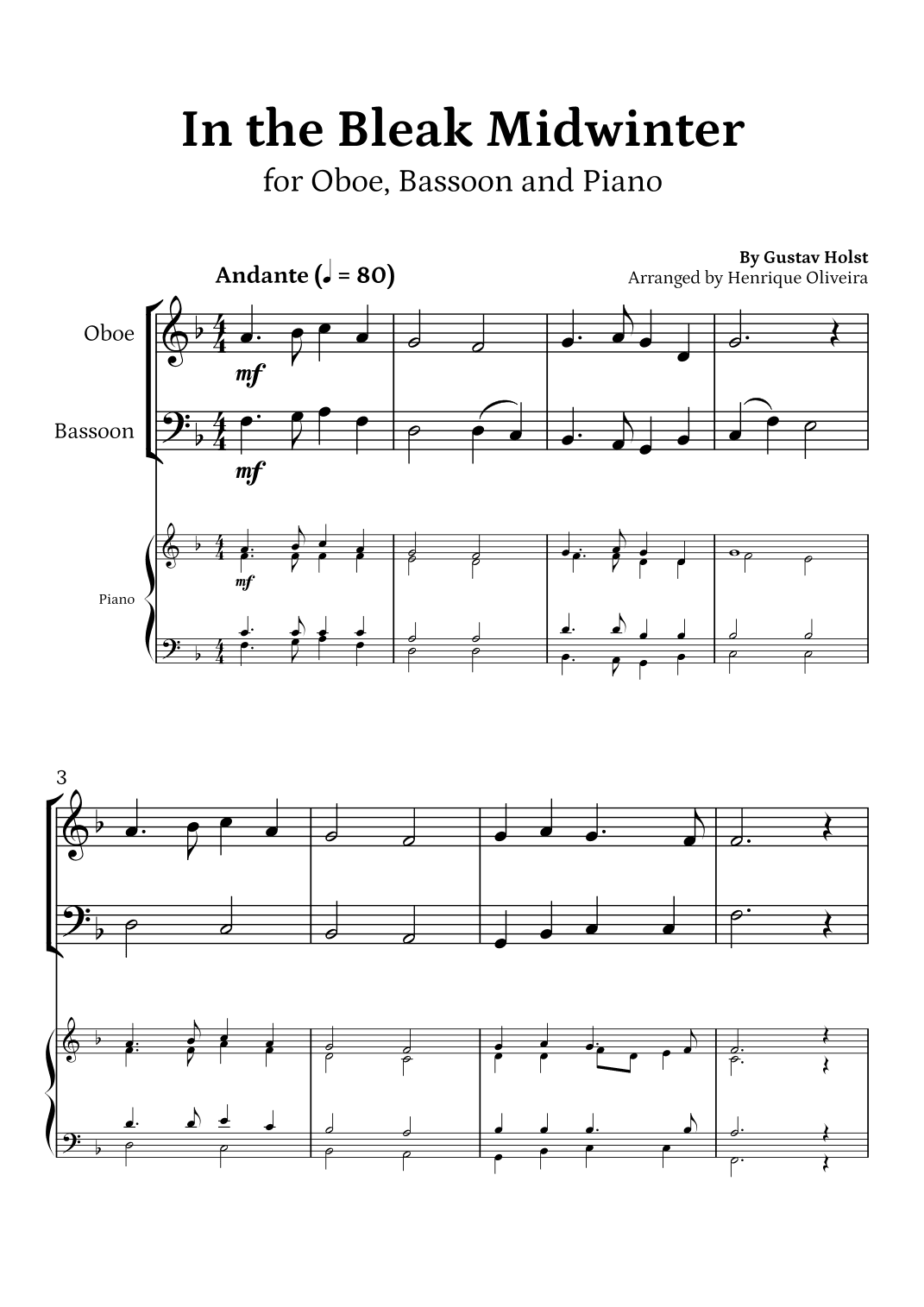 In the Bleak Midwinter (Oboe, Bassoon and Piano) - Beginner Level (arr. Henrique Oliveira)