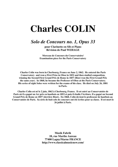 Charles COLIN Solo de Concours no. 1, Opus 33 , arranged for Bb clarinet and piano (arr. Paul Wehage)