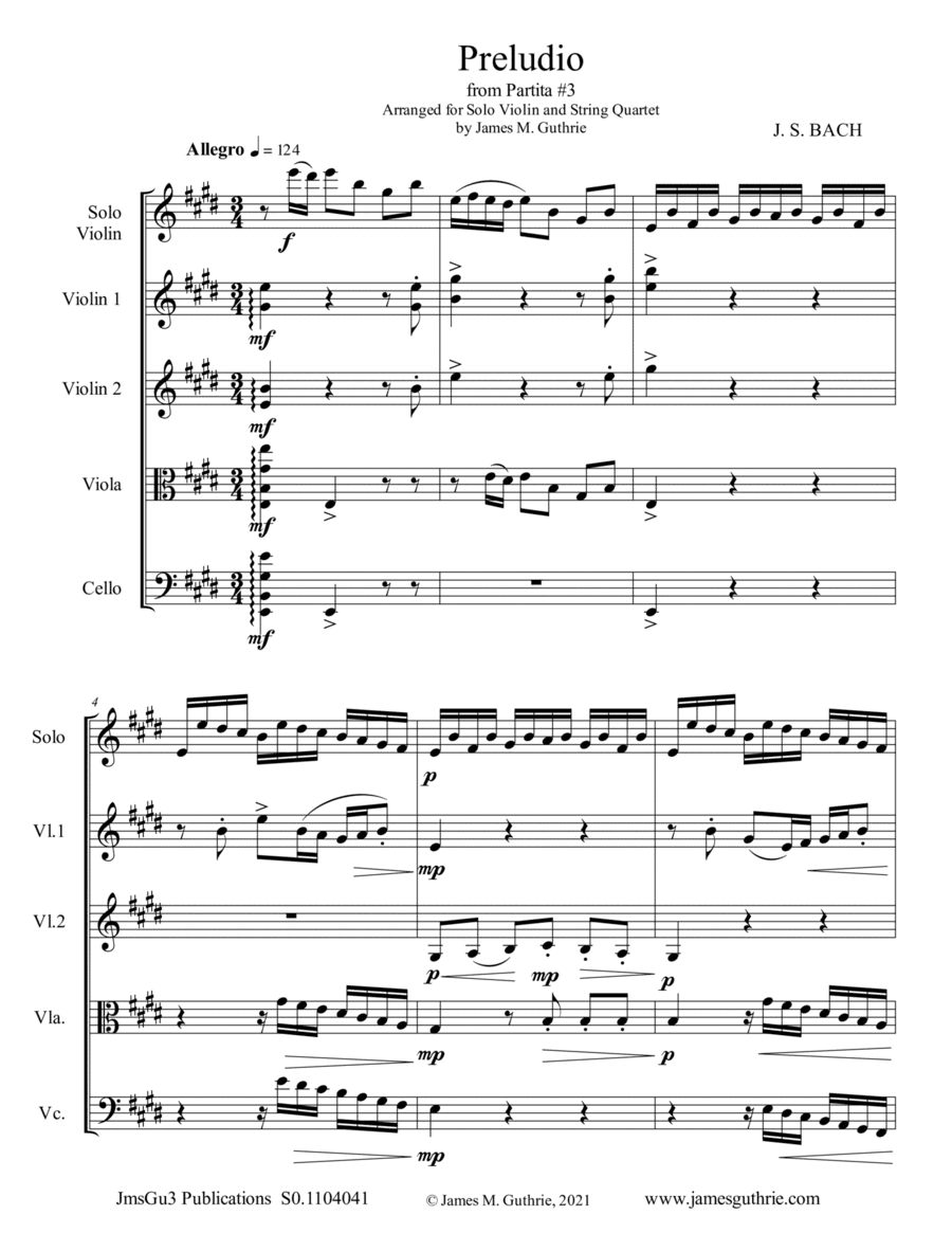 BACH: Preludio from Partita No. 3 BWV 1006.1 for Solo Violin & String Quartet (arr. James M. Guthrie)