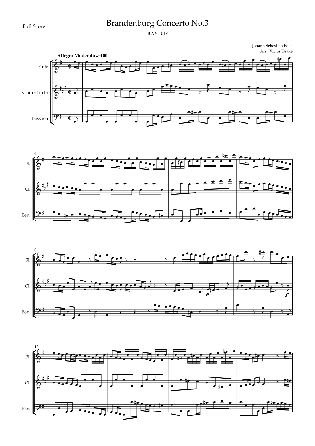 Brandenburg Concerto No. 3 in G major, BWV 1048 1st Mov. (J.S. Bach) for Woodwind Trio (arr. Victor Drake)