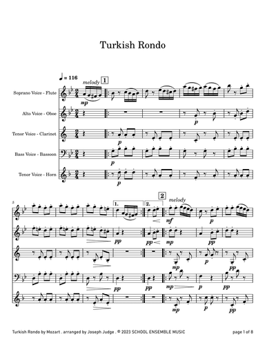 Turkish Rondo by Mozart for Woodwind Quartet in Schools (arr. Joseph Judge)
