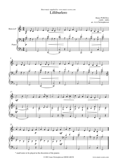 Lilliburlero - French Horn and Piano (arr. Anne L Christopherson GRSM ARCM)