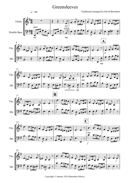 Greensleeves for Violin and Double Bass Duet (arr. David Burndrett)