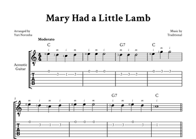 Mary Had a Little Lamb - Easy Guitar (with TAB, Chord and Fingering) (arr. Yuri Noronha)