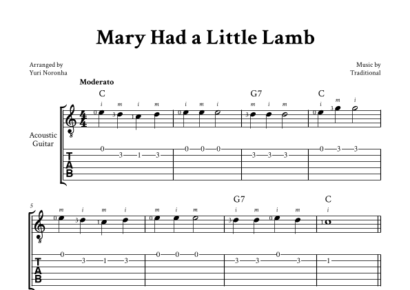 Mary Had a Little Lamb - Easy Guitar (with TAB, Chord and Fingering) (arr. Yuri Noronha)