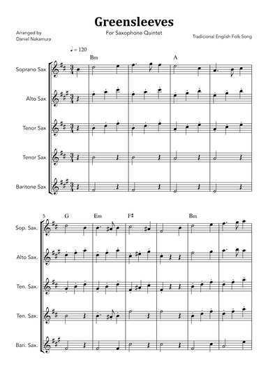 Greensleeves (For Saxophone Quintet) (arr. Daniel Nakamura)