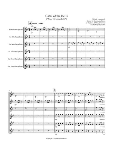 Carol of the Bells (F min) (Saxophone Sextet - 1 Sop, 2 Alto, 3 Ten) (arr. Regis Bookshar)