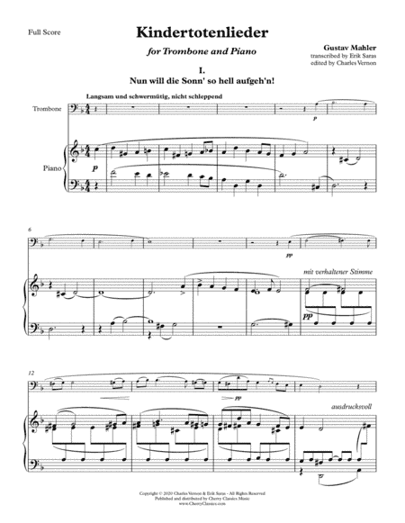Kindertotenlieder for Tenor or Bass Trombone and Piano accompaniment (arr. Charles Vernon and Erik Saras)