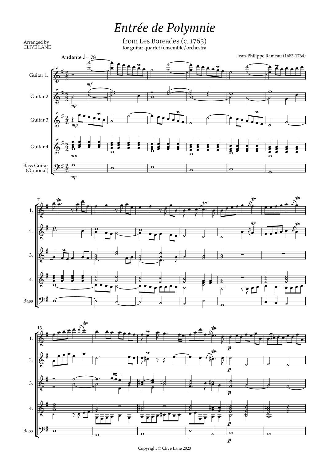 Entrée de Polymnie for guitar quartet/ensemble/orchestra (arr. Clive Lane)