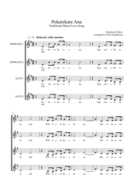 Pokarekare Ana - A Traditional Maori Love song - (ssaa, acapella) (arr. Ellen Macpherson)