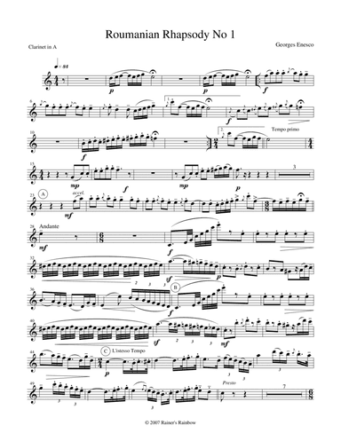 Enescu 1901 Op 11 No 1 Romanian Rhapsody in A for Clarinet Violin & Piano optional String Bass (arr. R G Roth)
