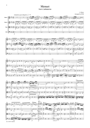 Bizet  Menuet from L'arlesienne, for string quartet, CB104 (arr. FCMUSIC)