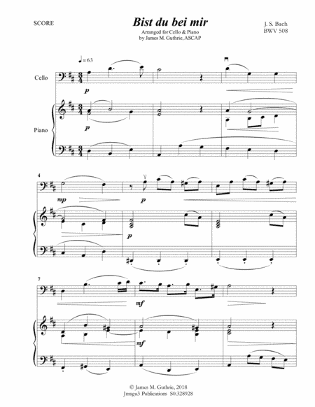 Bach: Bist du bei mir BWV 508 for Cello & Piano (arr. James M. Guthrie, ASCAP)